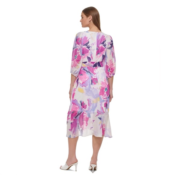 DKNY Women’s Floral-Print Balloon-Sleeve Tie-Waist V-Neck Dress, Size 18W - Picture 4 of 8